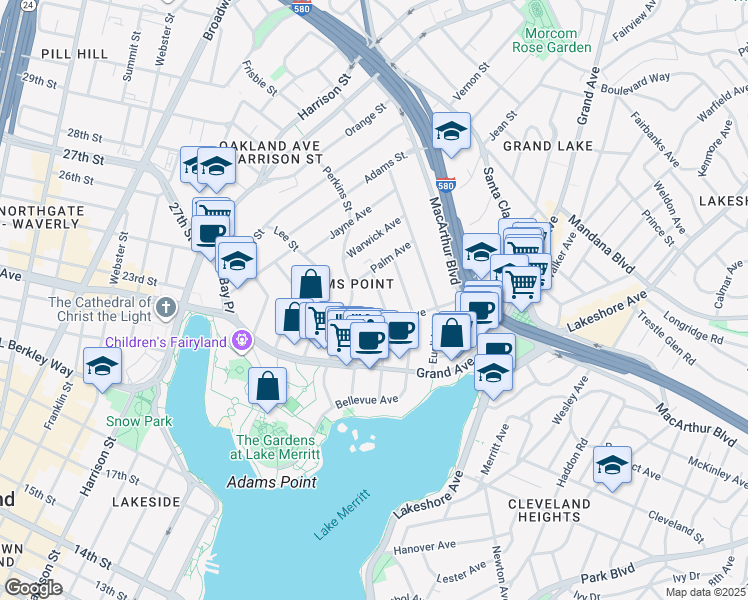 map of restaurants, bars, coffee shops, grocery stores, and more near 375 Van Buren Avenue in Oakland