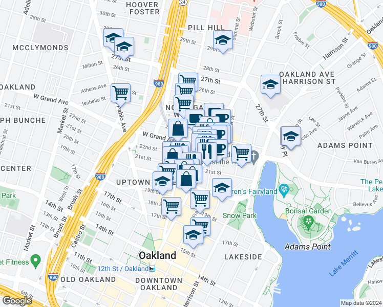 map of restaurants, bars, coffee shops, grocery stores, and more near 2127 Broadway in Oakland