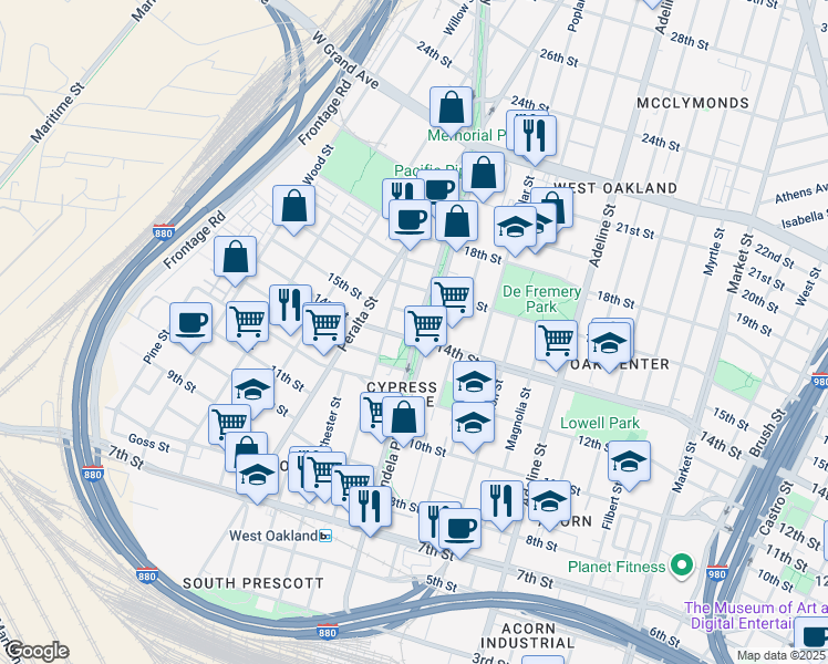 map of restaurants, bars, coffee shops, grocery stores, and more near 1301 Mandela Parkway in Oakland
