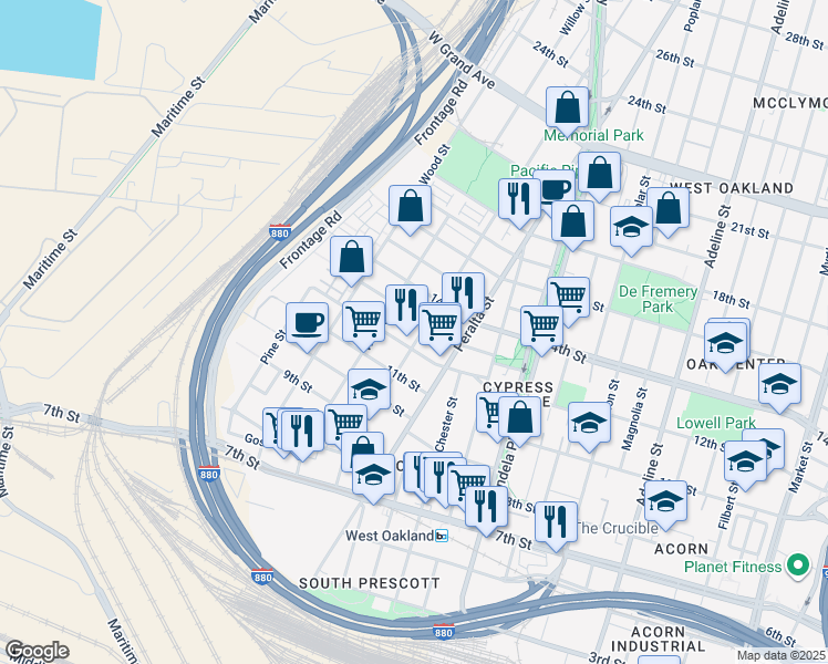 map of restaurants, bars, coffee shops, grocery stores, and more near 1657 12th Street in Oakland