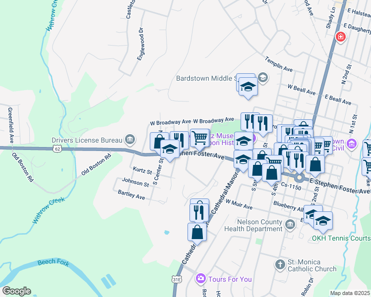 map of restaurants, bars, coffee shops, grocery stores, and more near 501-599 W Stephen Foster Ave in Bardstown