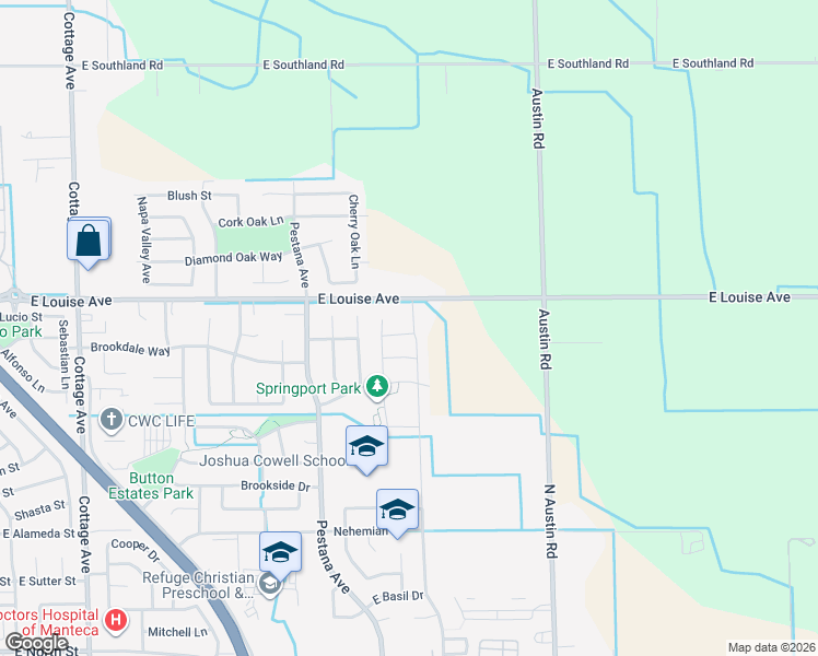map of restaurants, bars, coffee shops, grocery stores, and more near 950 Granite Lane in Manteca