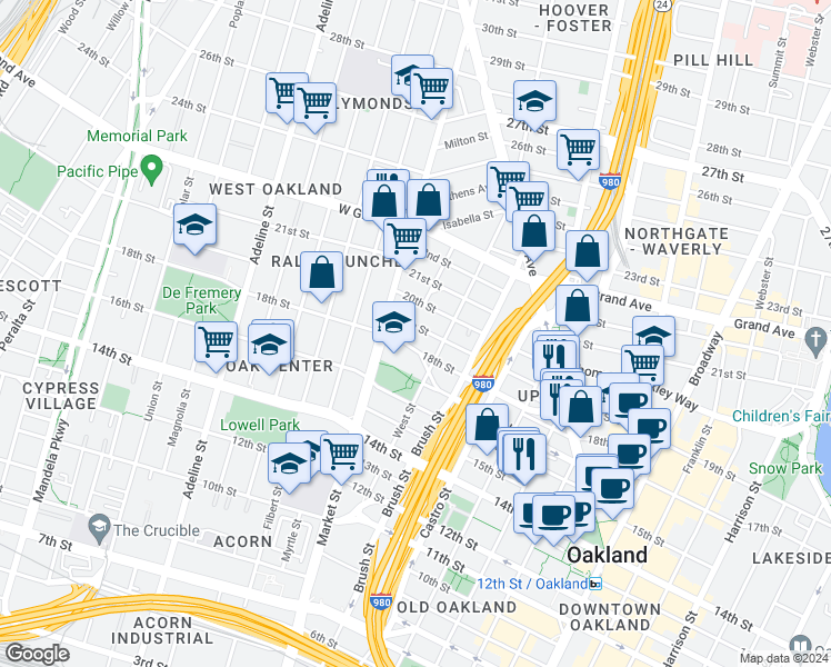 map of restaurants, bars, coffee shops, grocery stores, and more near 841 19th Street in Oakland