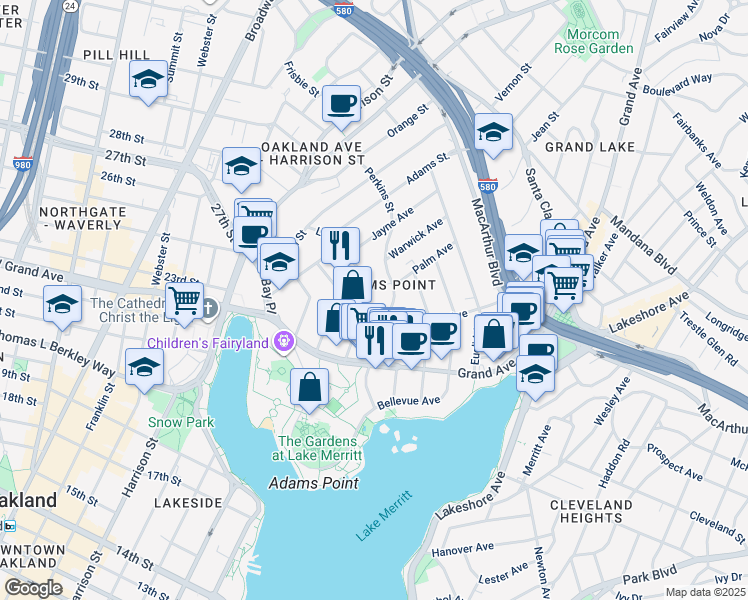 map of restaurants, bars, coffee shops, grocery stores, and more near 320 Lee Street in Oakland