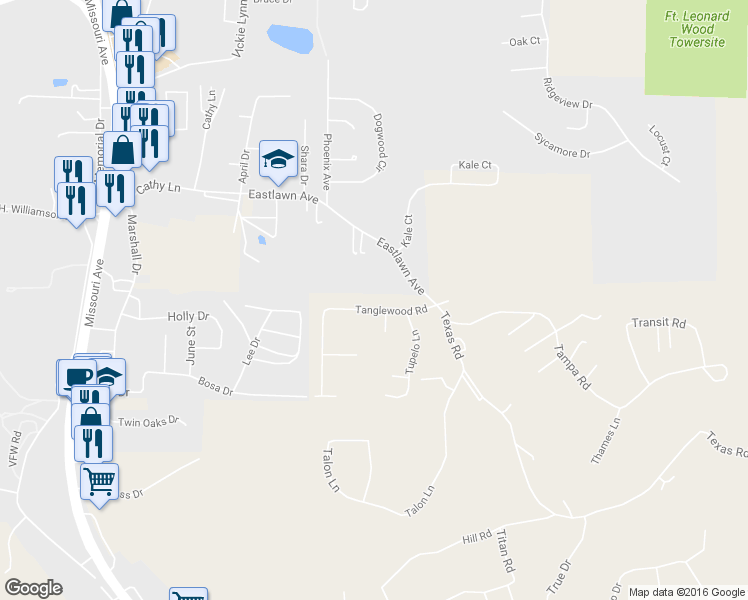 map of restaurants, bars, coffee shops, grocery stores, and more near 24243 Tanglewood Road in Saint Robert