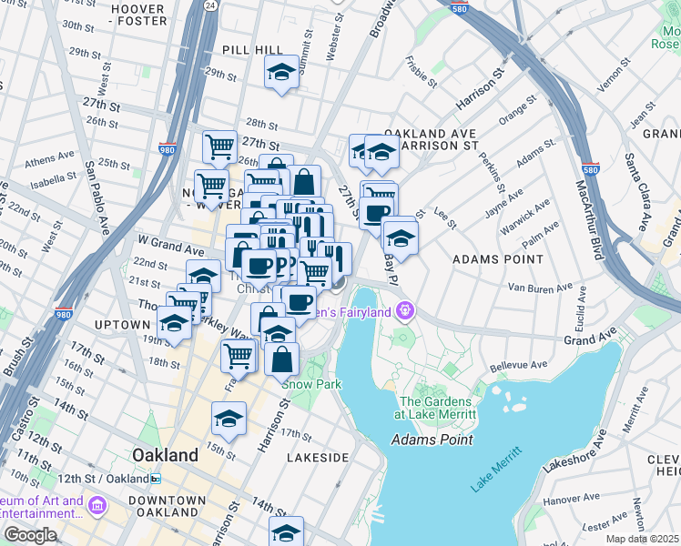 map of restaurants, bars, coffee shops, grocery stores, and more near 180 Grand Avenue in Oakland
