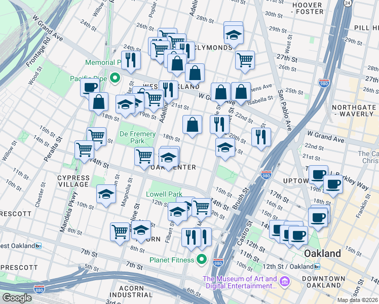 map of restaurants, bars, coffee shops, grocery stores, and more near 1014 16th Street in Oakland