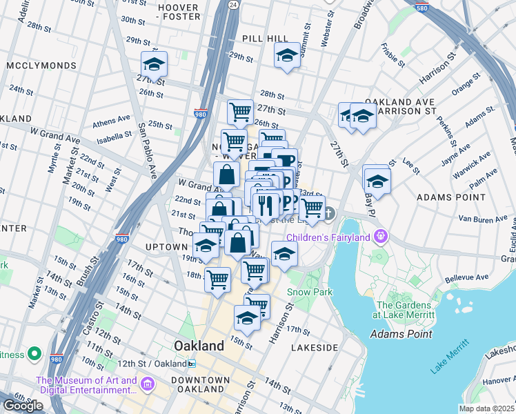 map of restaurants, bars, coffee shops, grocery stores, and more near 2127 Broadway in Oakland