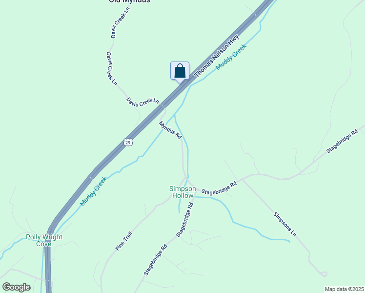 map of restaurants, bars, coffee shops, grocery stores, and more near Myndus Road in Nelson County