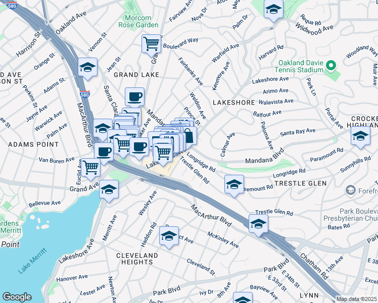 map of restaurants, bars, coffee shops, grocery stores, and more near 632 Trestle Glen Road in Oakland