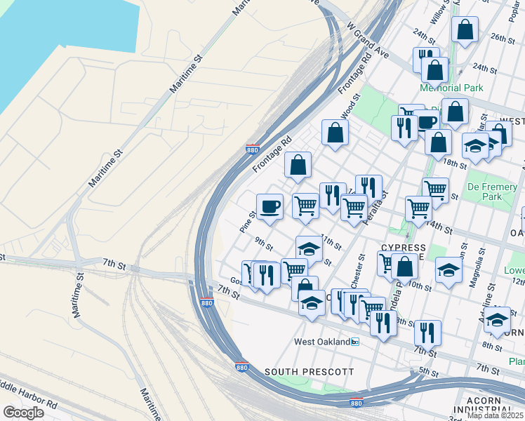 map of restaurants, bars, coffee shops, grocery stores, and more near 1018 Pine Street in Oakland