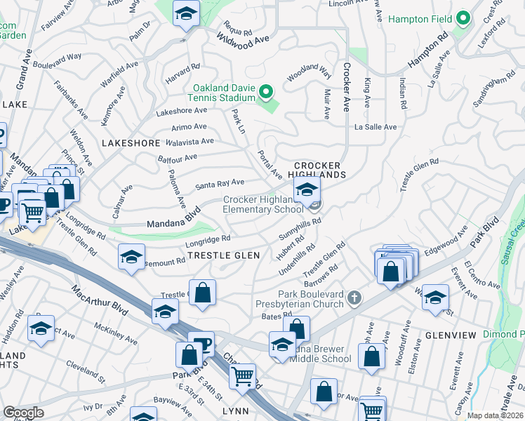 map of restaurants, bars, coffee shops, grocery stores, and more near 1010 Longridge Road in Oakland