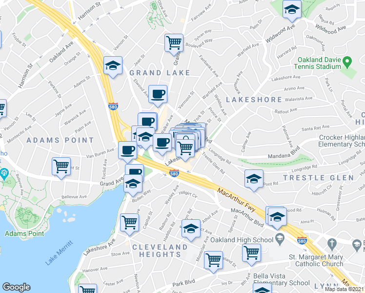 map of restaurants, bars, coffee shops, grocery stores, and more near 3300 Lakeshore Avenue in Oakland