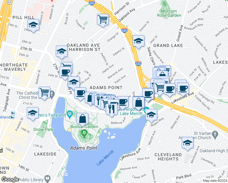 map of restaurants, bars, coffee shops, grocery stores, and more near 375 Van Buren Avenue in Oakland