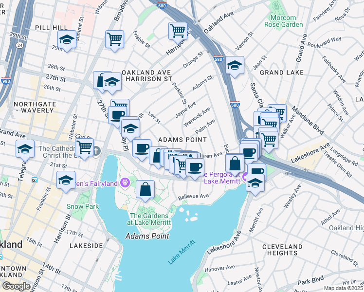 map of restaurants, bars, coffee shops, grocery stores, and more near 406 Lee Street in Oakland