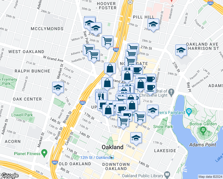 map of restaurants, bars, coffee shops, grocery stores, and more near 556 Thomas L Berkley Way in Oakland
