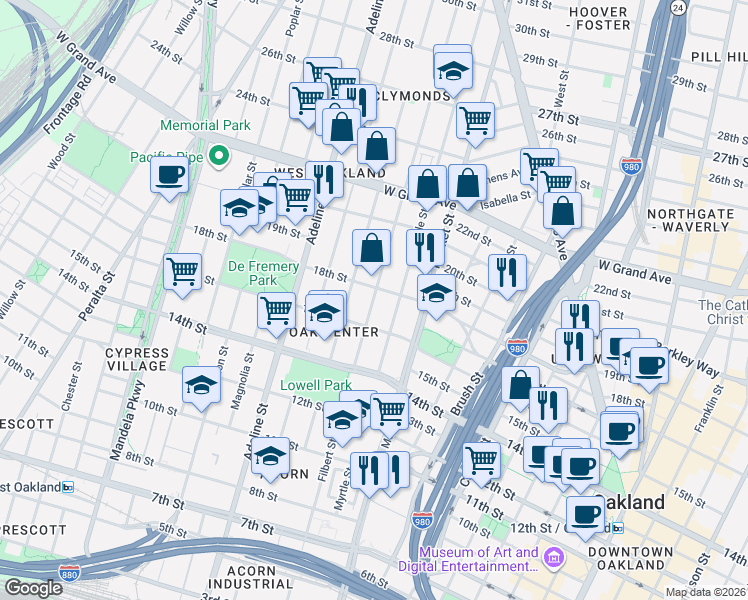 map of restaurants, bars, coffee shops, grocery stores, and more near 954 16th Street in Oakland