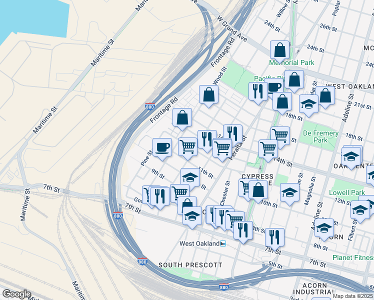 map of restaurants, bars, coffee shops, grocery stores, and more near 1694 11th Street in Oakland