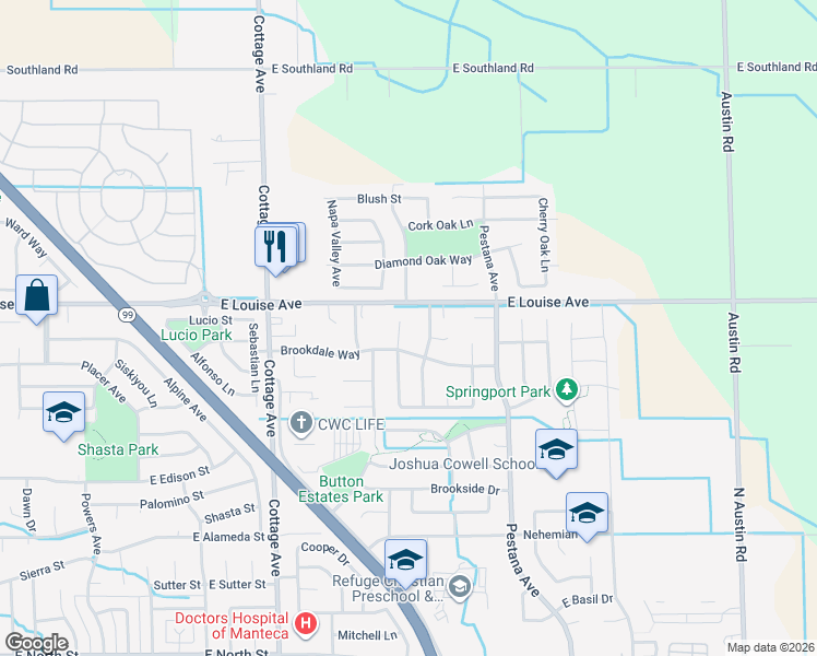 map of restaurants, bars, coffee shops, grocery stores, and more near 1532 Brookdale Way in Manteca