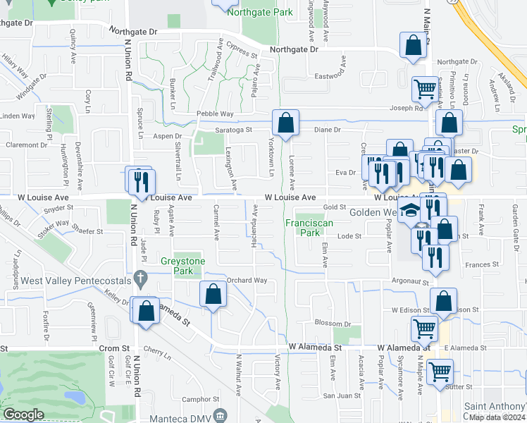 map of restaurants, bars, coffee shops, grocery stores, and more near 762 Camino Court in Manteca