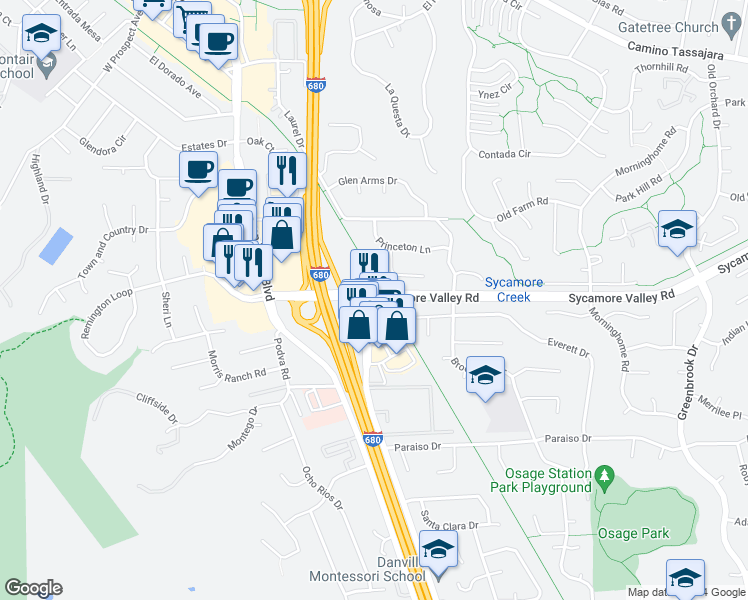 map of restaurants, bars, coffee shops, grocery stores, and more near Iron Horse Regional Trail in Danville