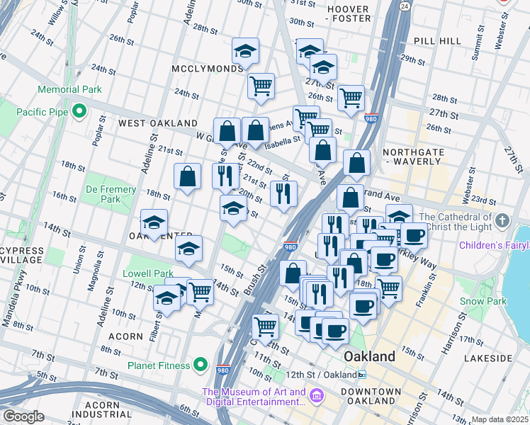 map of restaurants, bars, coffee shops, grocery stores, and more near 1917 West Street in Oakland