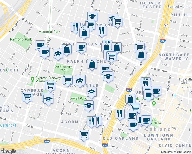 map of restaurants, bars, coffee shops, grocery stores, and more near 954 16th Street in Oakland