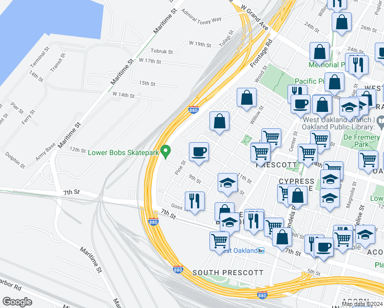 map of restaurants, bars, coffee shops, grocery stores, and more near 1018 Pine Street in Oakland