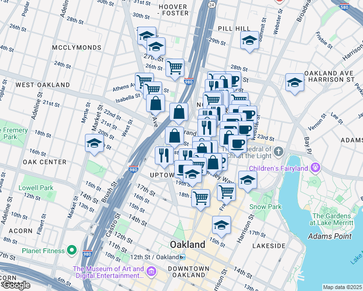 map of restaurants, bars, coffee shops, grocery stores, and more near in Oakland