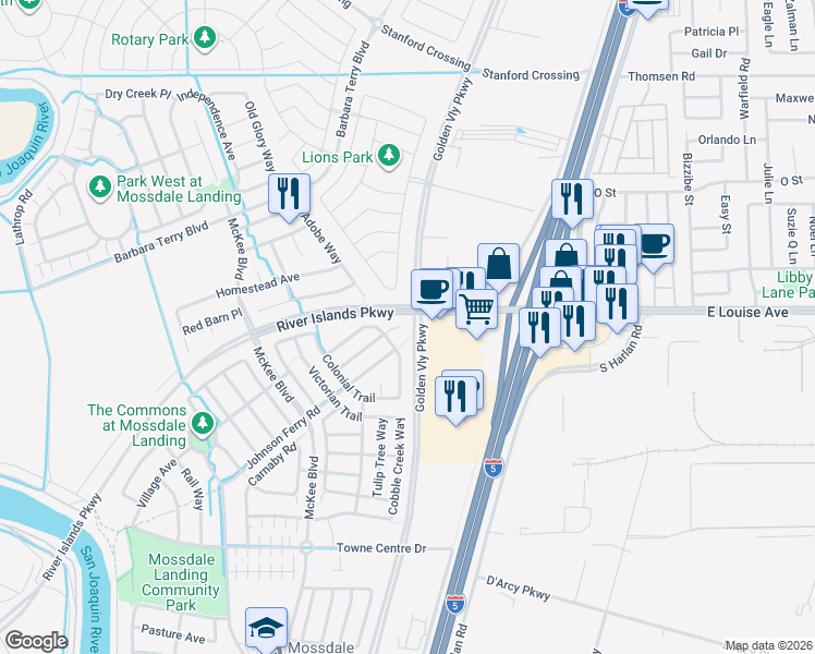 map of restaurants, bars, coffee shops, grocery stores, and more near 250 Craftsman Drive in Lathrop