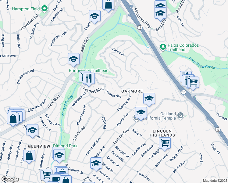 map of restaurants, bars, coffee shops, grocery stores, and more near 1989 Oakview Drive in Oakland