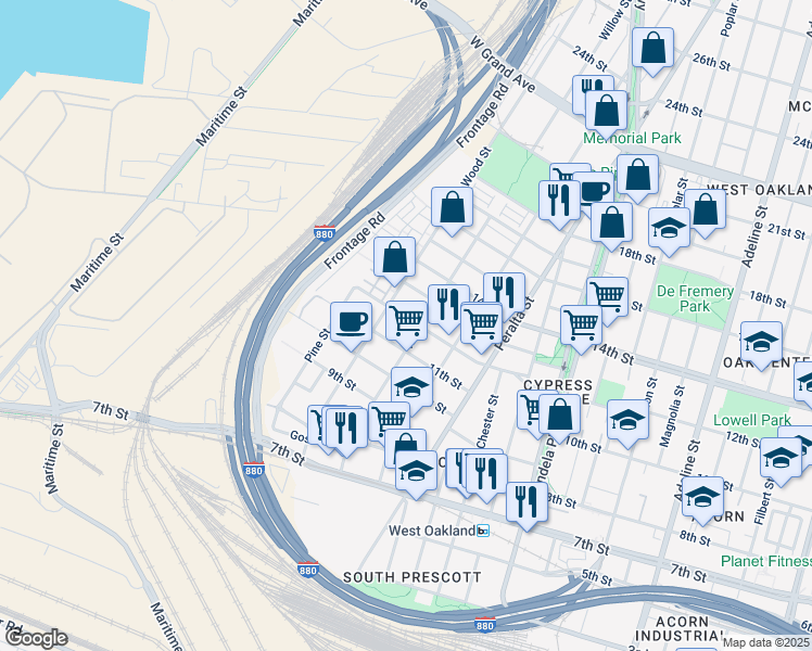map of restaurants, bars, coffee shops, grocery stores, and more near 1717 12th Street in Oakland