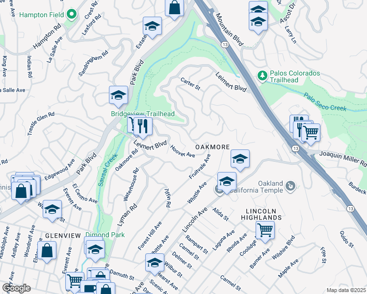 map of restaurants, bars, coffee shops, grocery stores, and more near 1989 Oakview Drive in Oakland