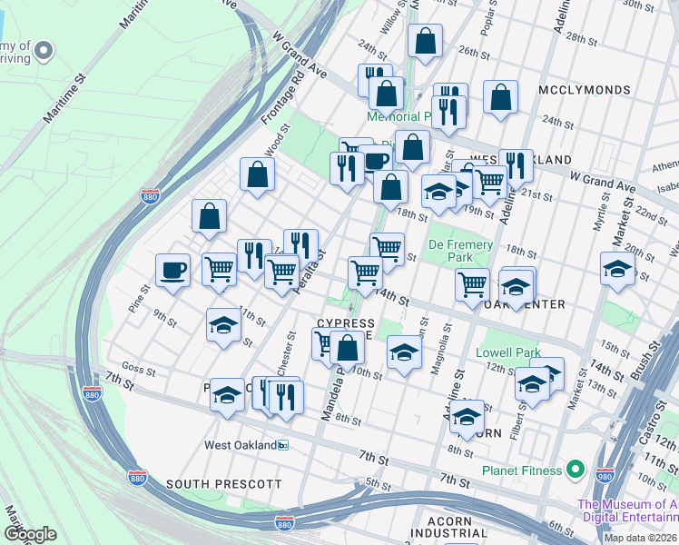 map of restaurants, bars, coffee shops, grocery stores, and more near 1444 14th Street in Oakland