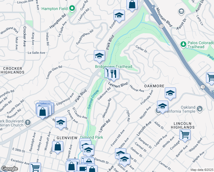 map of restaurants, bars, coffee shops, grocery stores, and more near 1434 Leimert Boulevard in Oakland