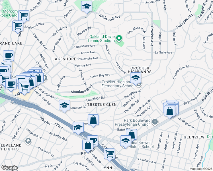 map of restaurants, bars, coffee shops, grocery stores, and more near 822 Mandana Boulevard in Oakland
