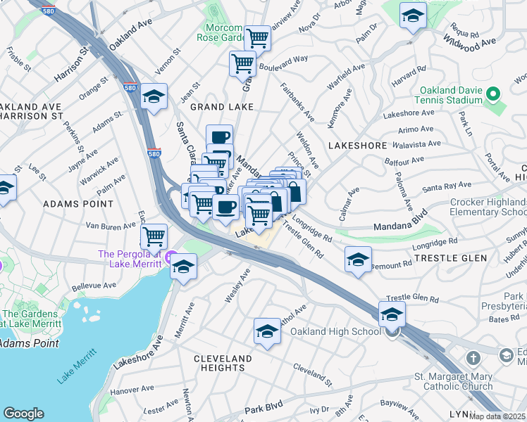 map of restaurants, bars, coffee shops, grocery stores, and more near 550 Glen View Avenue in Oakland