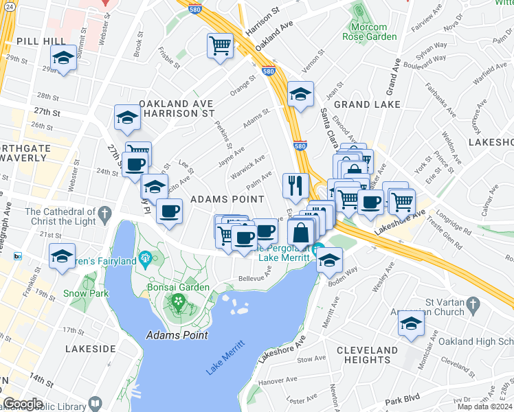 map of restaurants, bars, coffee shops, grocery stores, and more near 374 Bellevue Avenue in Oakland