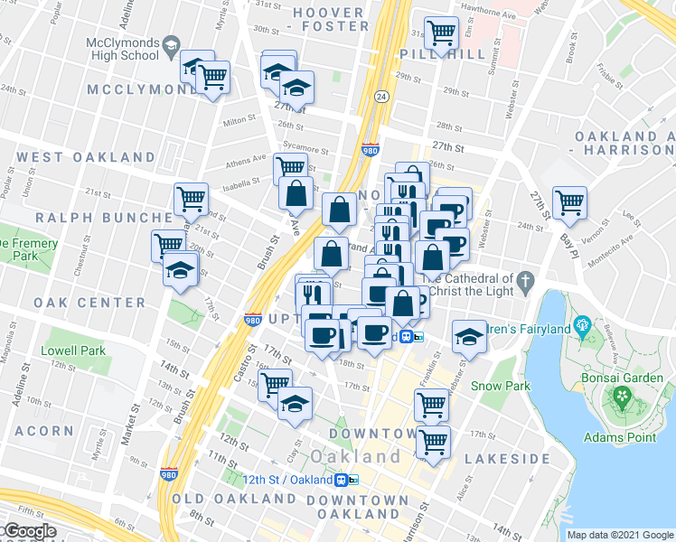 map of restaurants, bars, coffee shops, grocery stores, and more near 2126 Martin Luther King Junior Way in Oakland