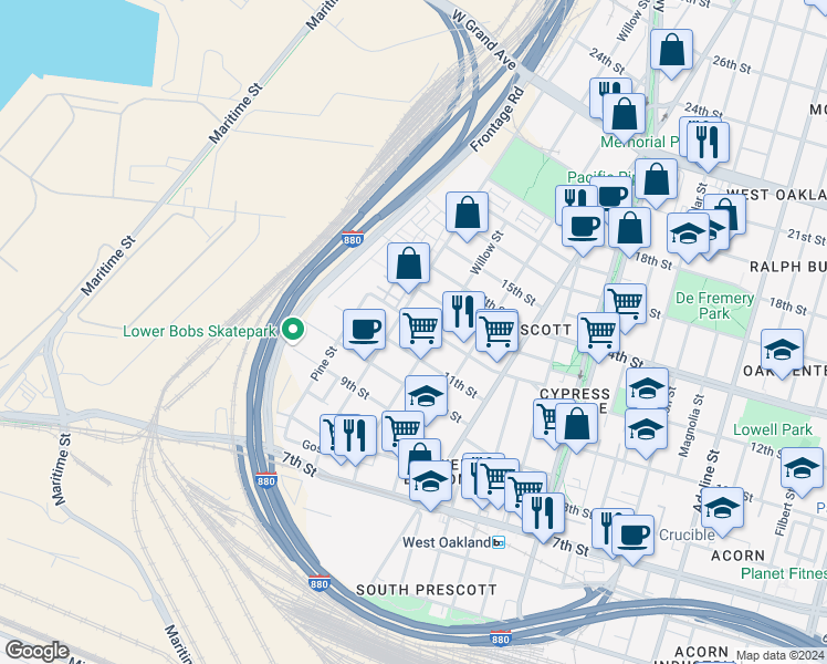 map of restaurants, bars, coffee shops, grocery stores, and more near 1737 13th Street in Oakland
