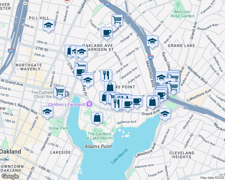 map of restaurants, bars, coffee shops, grocery stores, and more near in Oakland