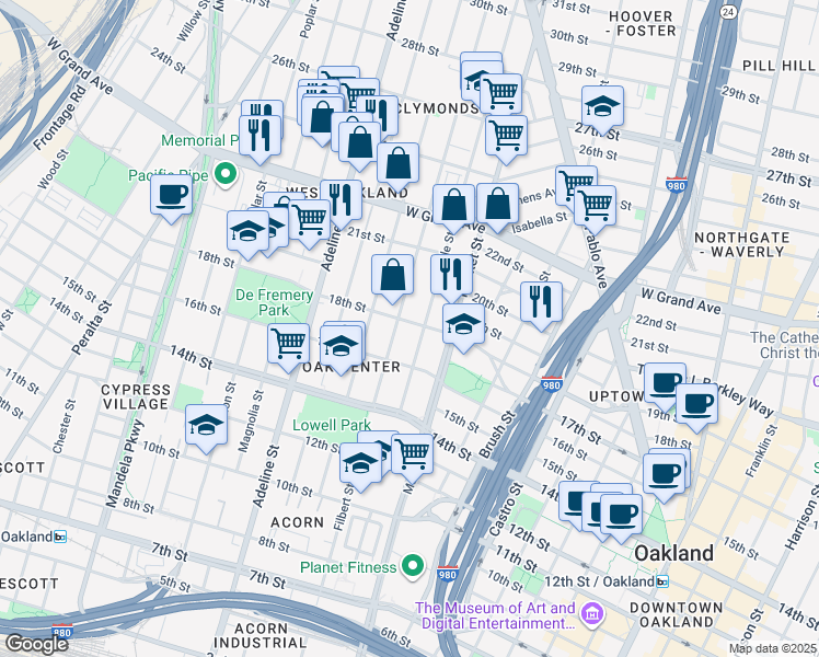 map of restaurants, bars, coffee shops, grocery stores, and more near 1818 Filbert Street in Oakland