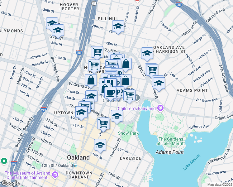 map of restaurants, bars, coffee shops, grocery stores, and more near 41 Grand Avenue in Oakland