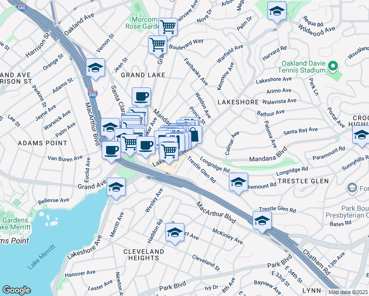 map of restaurants, bars, coffee shops, grocery stores, and more near 3505 Lakeshore Avenue in Oakland