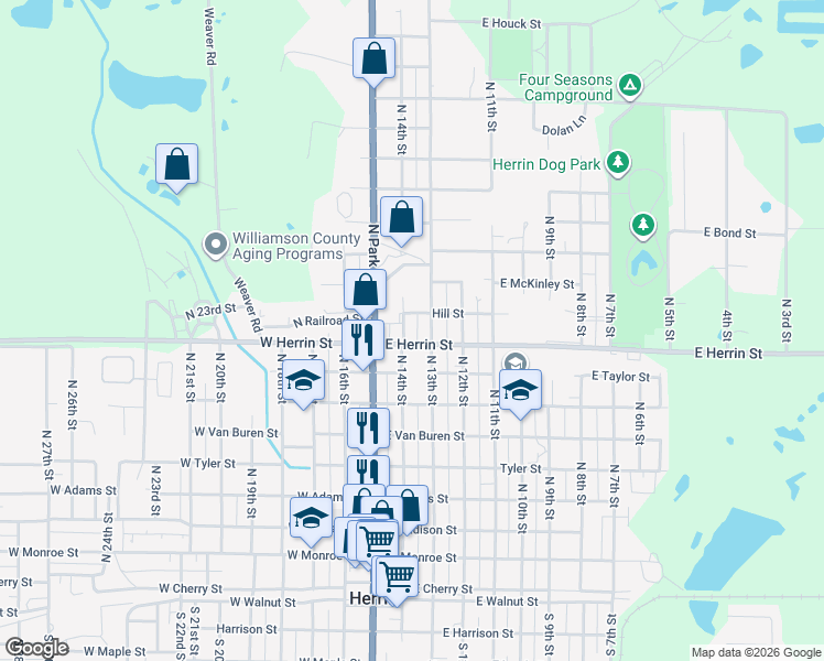 map of restaurants, bars, coffee shops, grocery stores, and more near 1000-1012 North 14th Street in Herrin