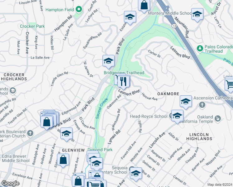 map of restaurants, bars, coffee shops, grocery stores, and more near 1724 Clemens Road in Oakland