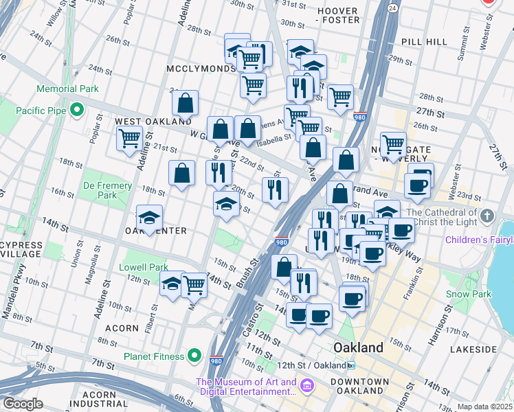 map of restaurants, bars, coffee shops, grocery stores, and more near 1923 West Street in Oakland
