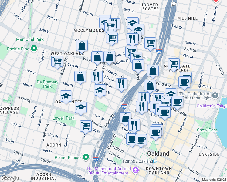 map of restaurants, bars, coffee shops, grocery stores, and more near 1923 West Street in Oakland