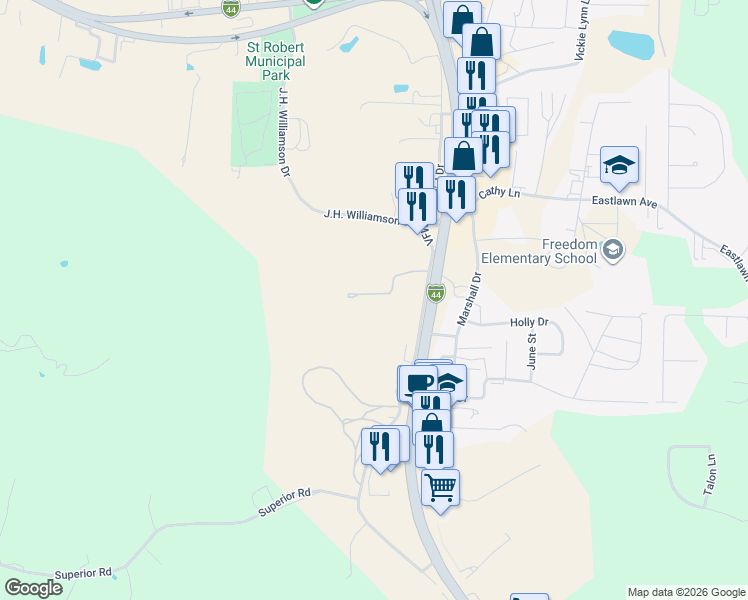map of restaurants, bars, coffee shops, grocery stores, and more near 490 Missouri Avenue in Saint Robert