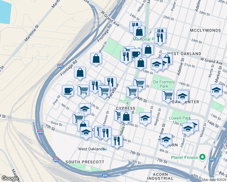 map of restaurants, bars, coffee shops, grocery stores, and more near 14th St & Peralta St in Oakland
